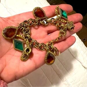 Antique vintage gold tone gems charm bracelet chain green baby shoes garnet